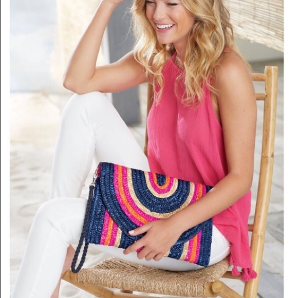 Stripe Straw envelope clutch in Pink/ Navy - Picture 3 of 8